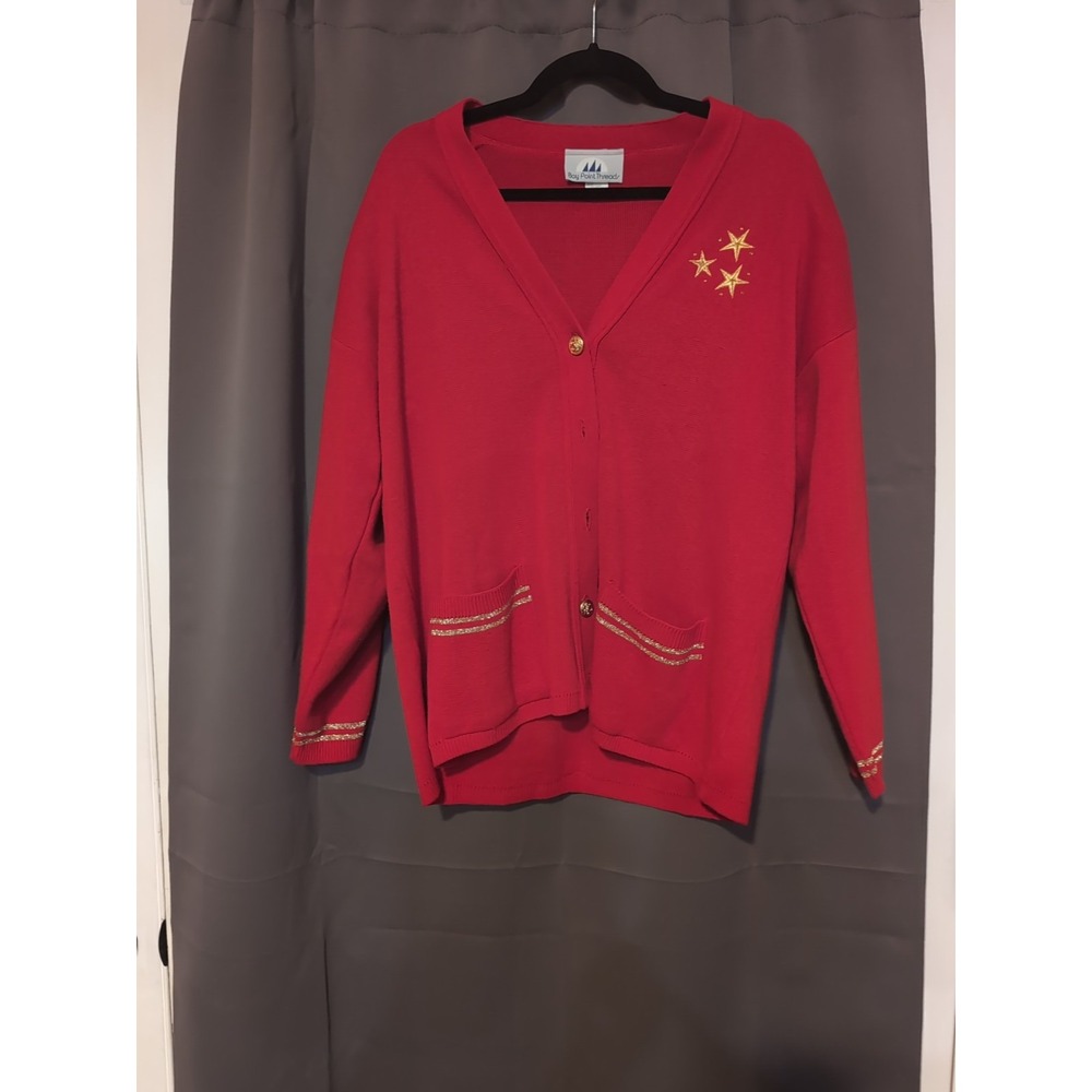 Bay Point Threads Red‎ Knit Cardigan, Women's Large Sweater, Gold Stars, Pockets